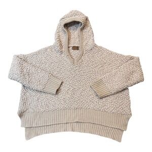 POL Womens Textured Knit Hoodie Sweater Beige V Neck Hi Low Hem‎ Oversized Small